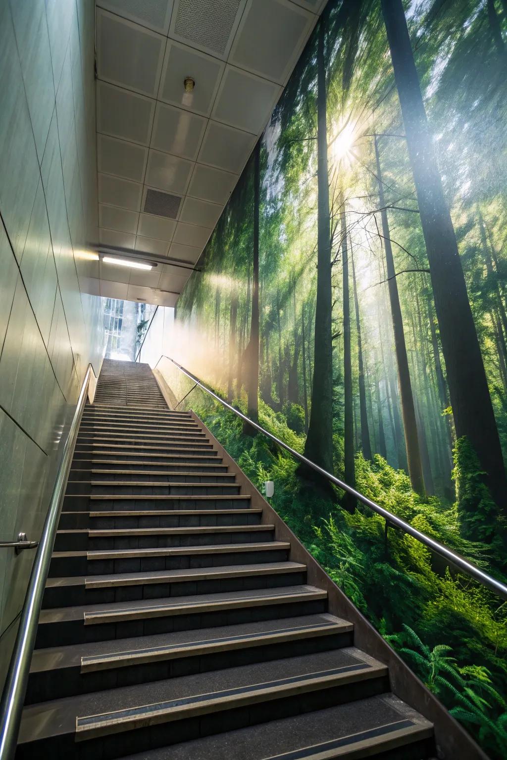 Experience a daily forest walk with a mural full of trees.