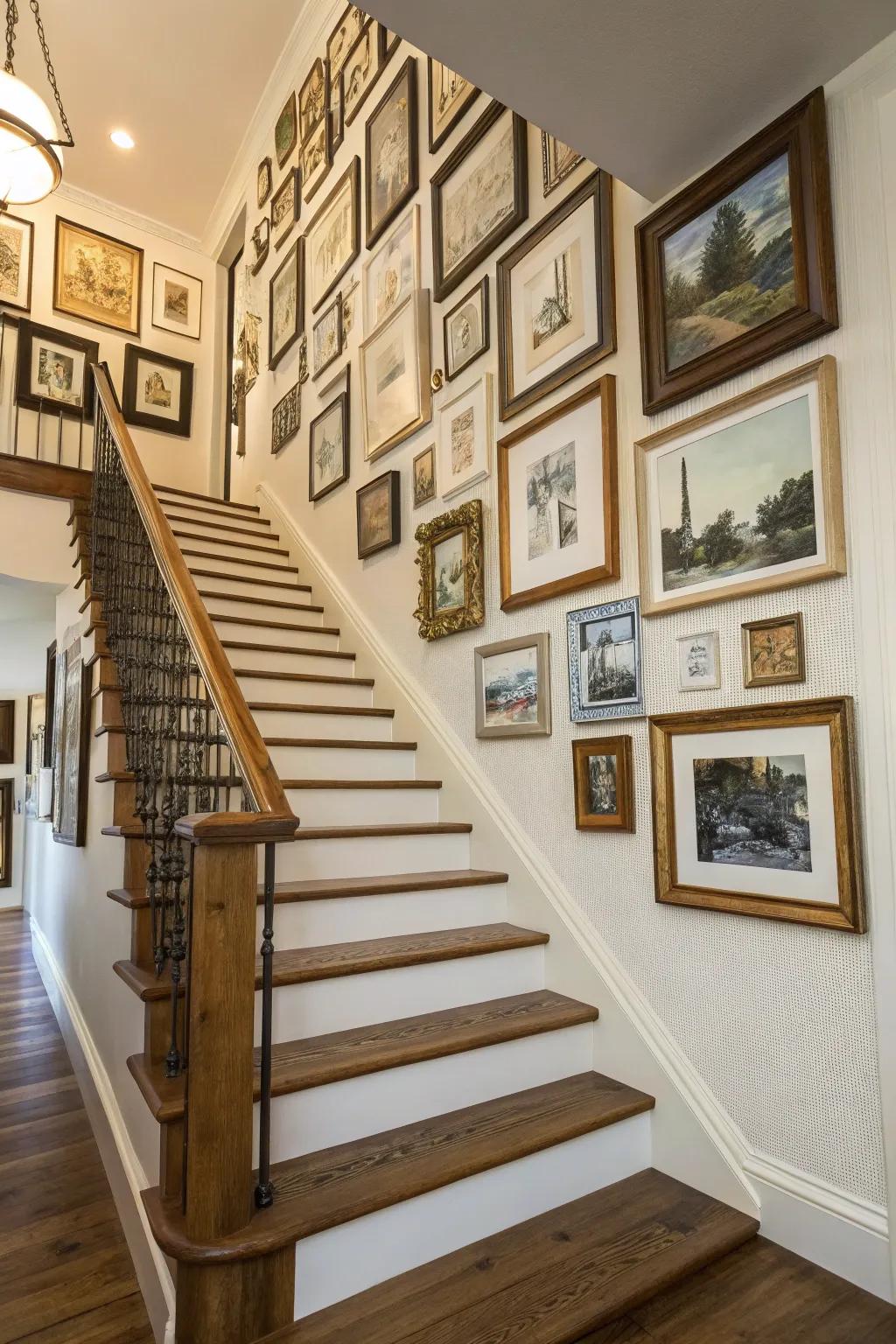 An assortment of frames makes an engaging gallery wall on the staircase.