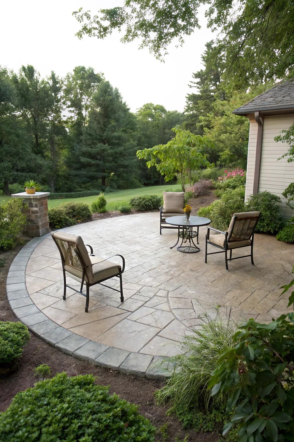 A circular stamped concrete patio providing a comforting getaway.
