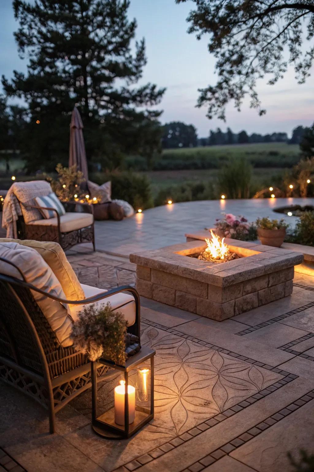 An inviting stamped concrete patio centered around a cozy fire pit.