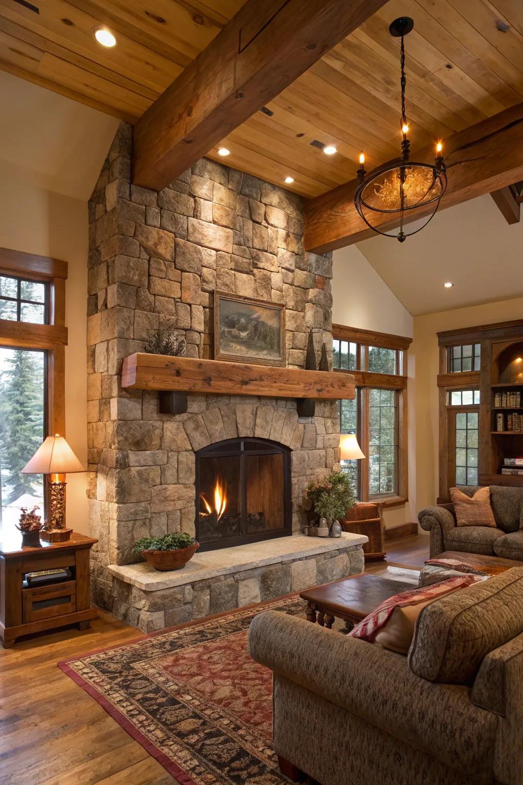 A rustic living area showcases a stone fireplace featuring a reclaimed wooden beam mantel.