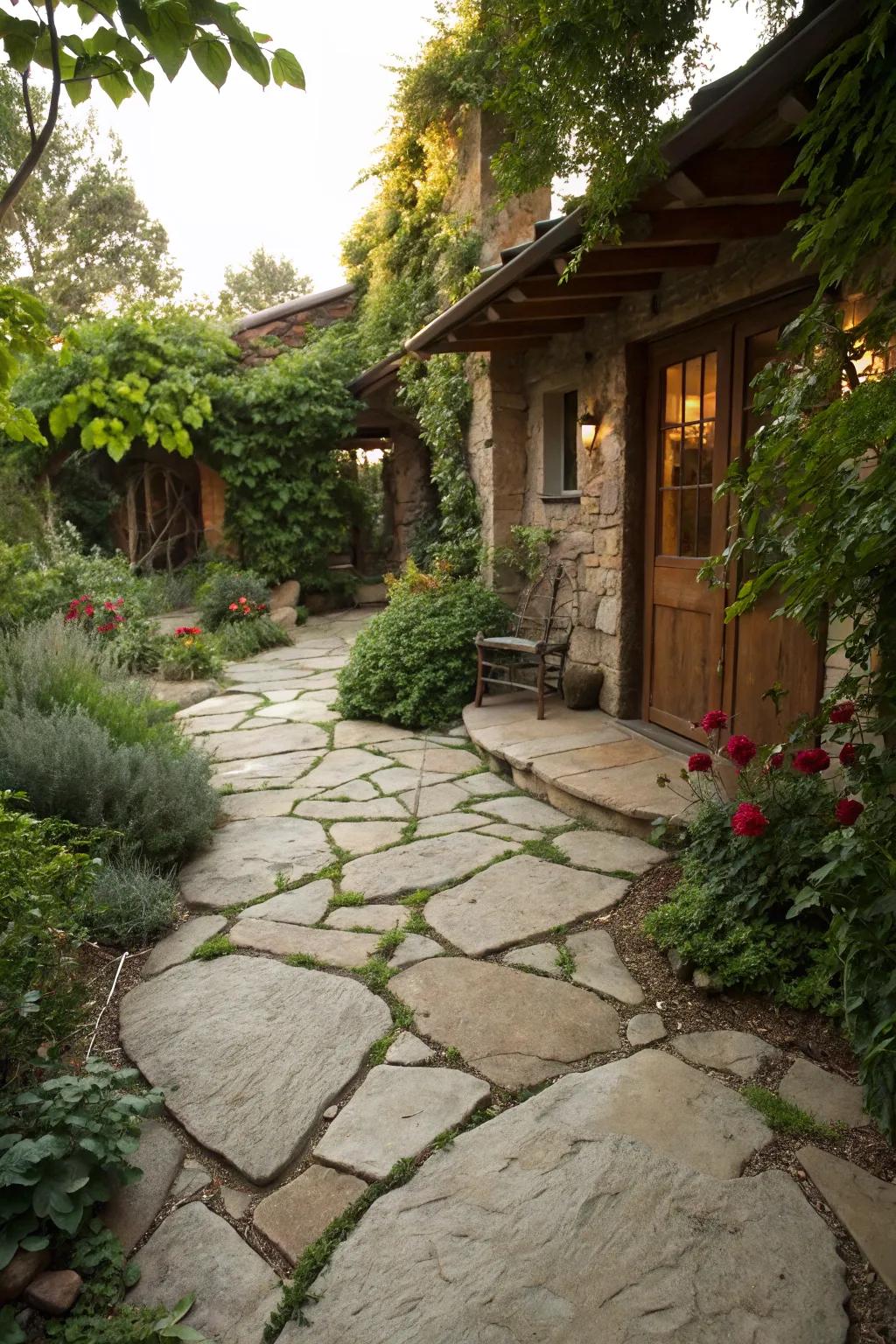 A rustic fieldstone patio naturally blending with the garden.