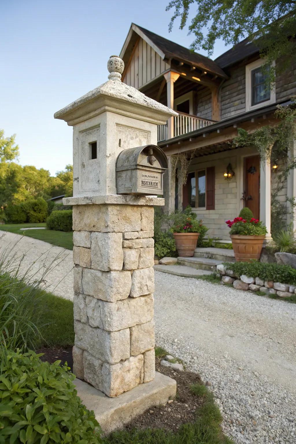 An attractive groundstone mailbox pillar radiating country sophistication.