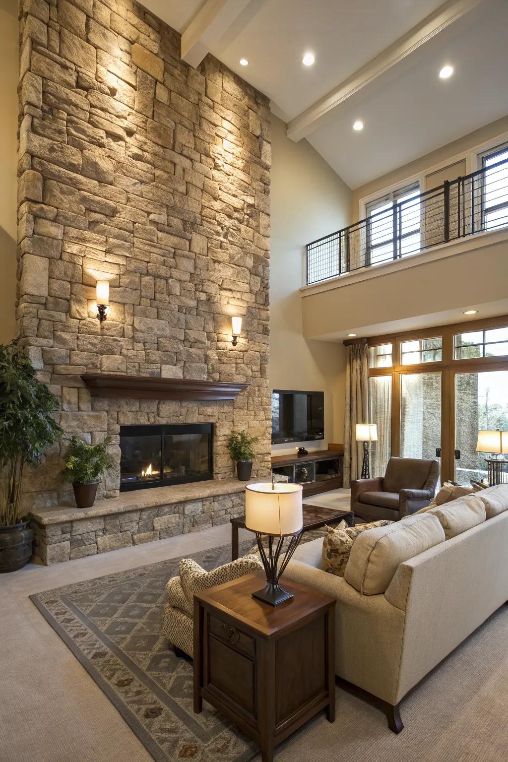 A living area transformed with a textured stone feature wall.