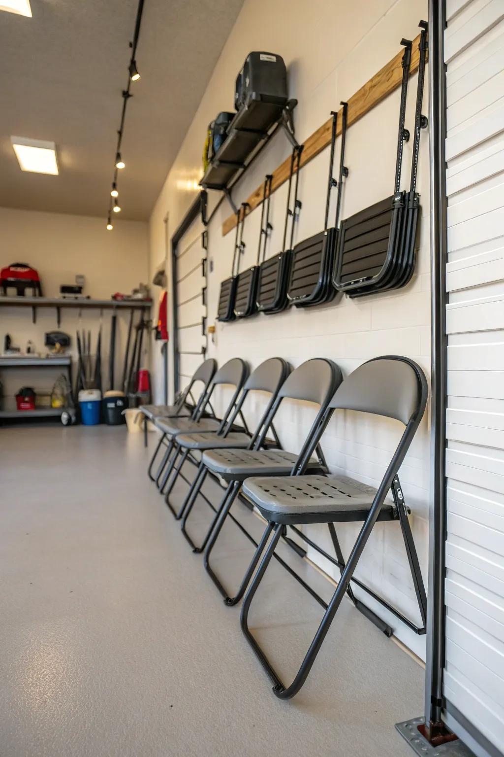 Get the most out of vertical space with wall-mounted racks designed for folding chairs.