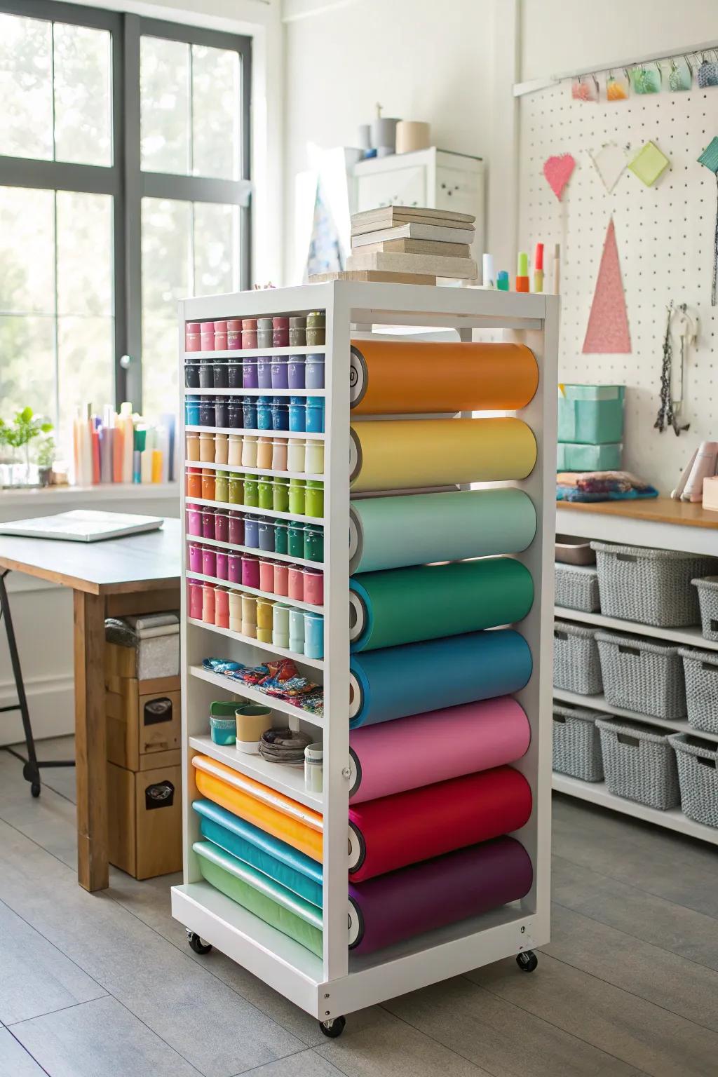 Mobile, upright shelving units provide easy access and mobility for vinyl storage.