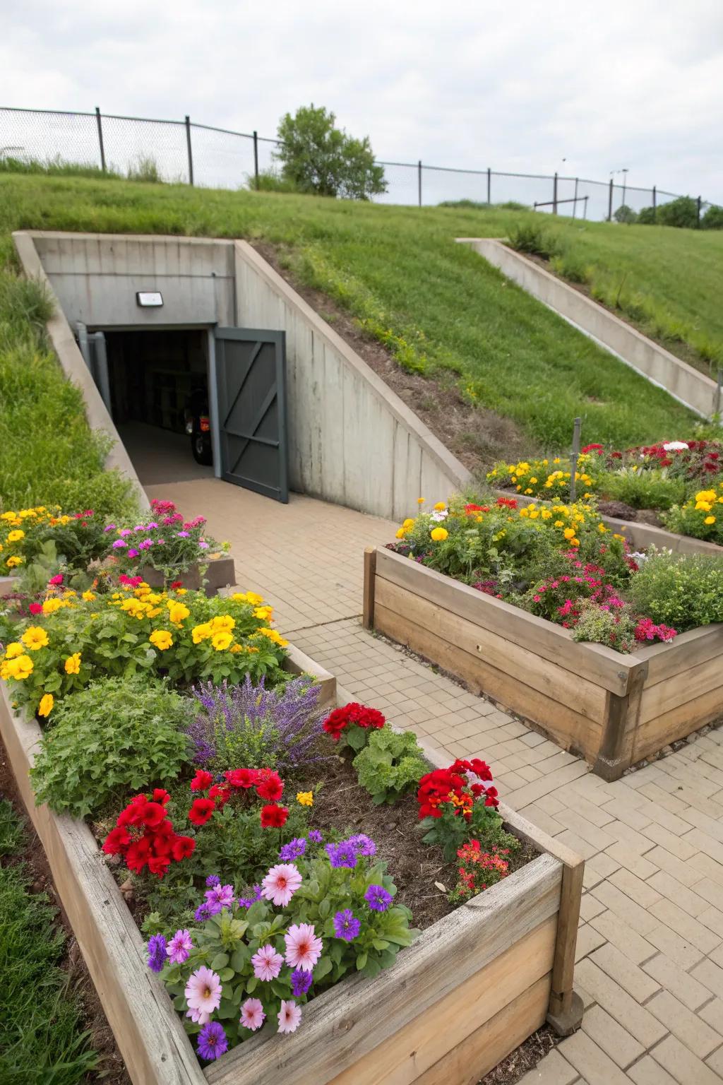Elevated gardens contribute structure and charm to the area around your storm shelter.