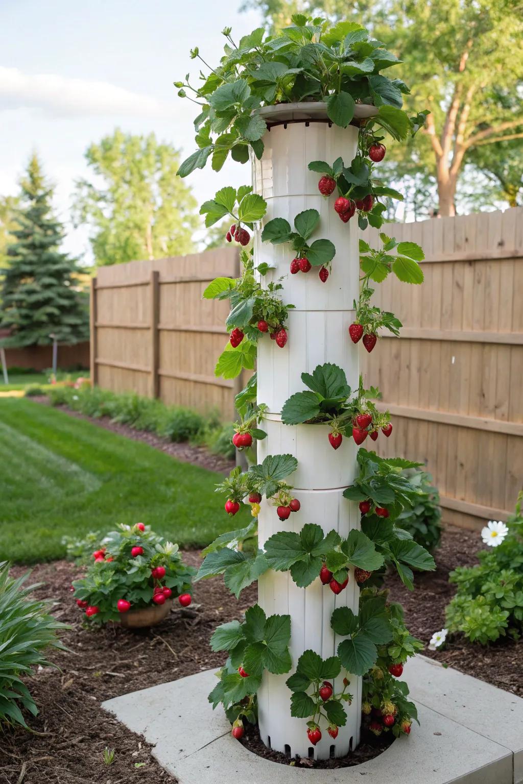 A creative vertical strawberry tower constructed from plastic piping.