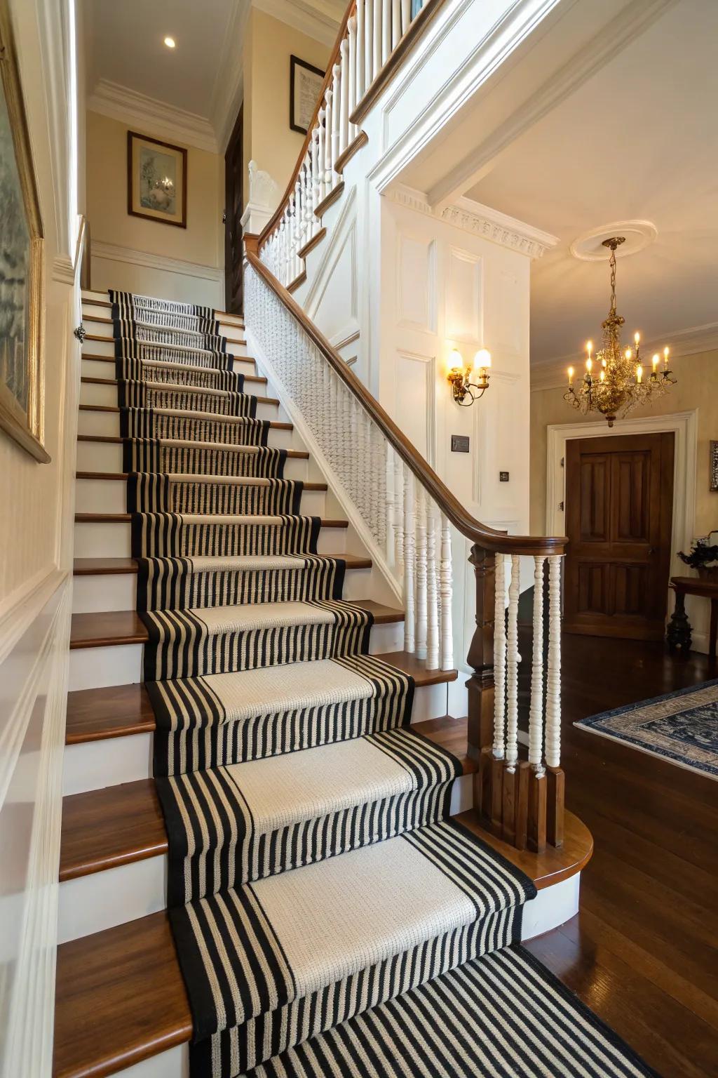 The enduring sophistication of a monochrome striped stair covering in a classic ambiance.