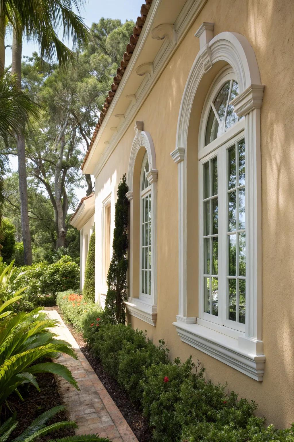 Classic white trims enhance the sophistication of this Mediterranean-style stucco residence.