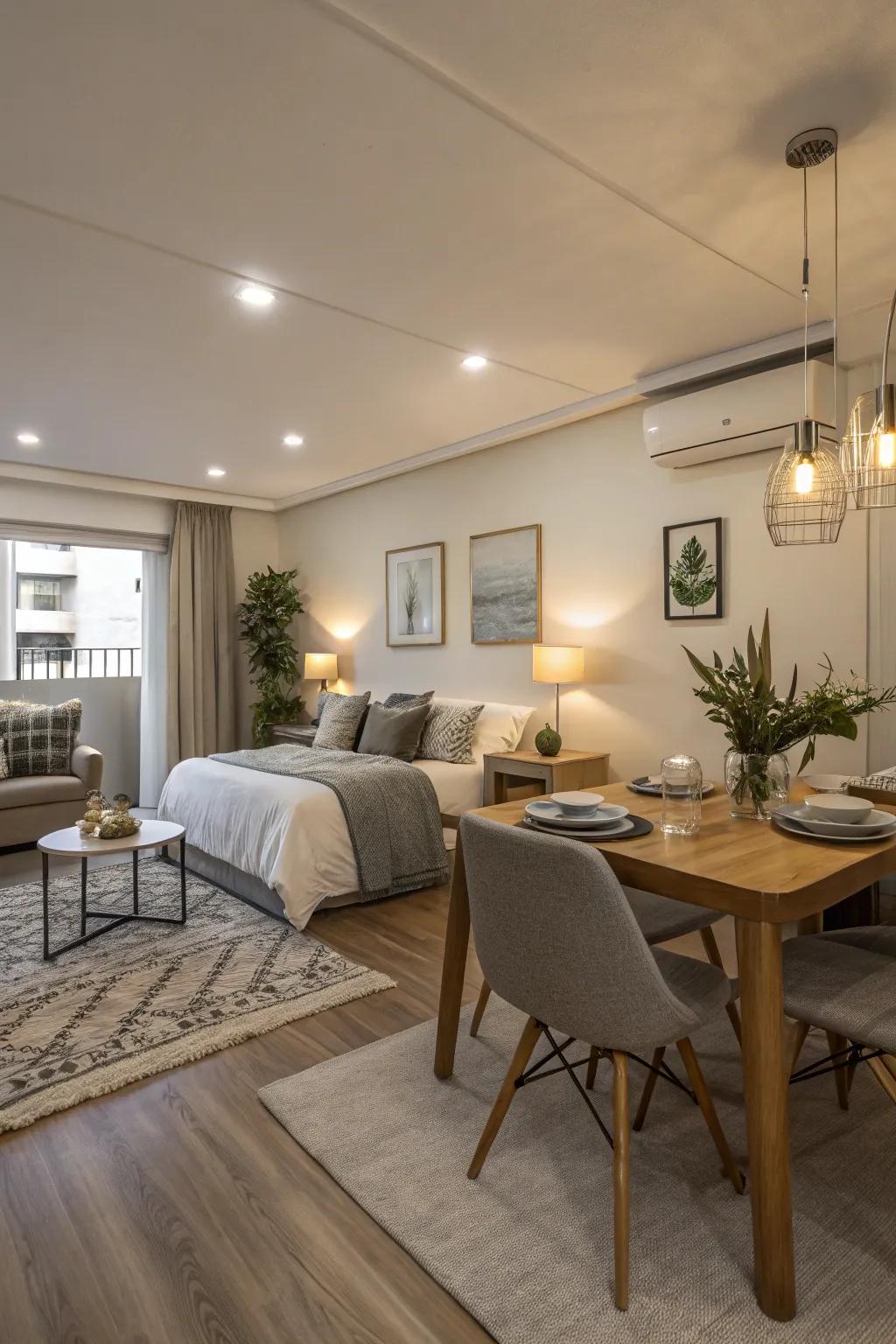 An open design maximizes the feeling of space in a studio apartment.
