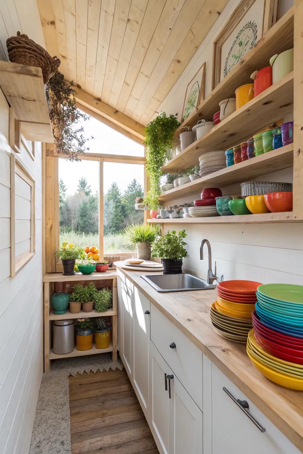 Open shelving adds both style and practicality to a studio kitchen.