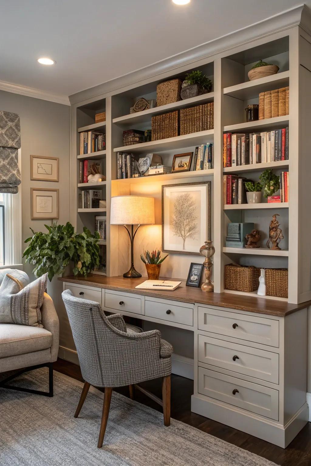 Integrated shelving offers a streamlined mix of storage and workspace.