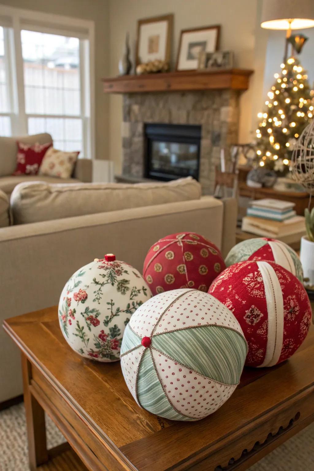 Elegant fabric-covered foam sphere ornaments add a personal touch.
