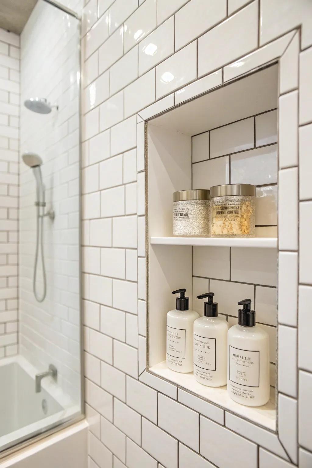 A classic shower niche accentuated with off-white rectangular tiles.