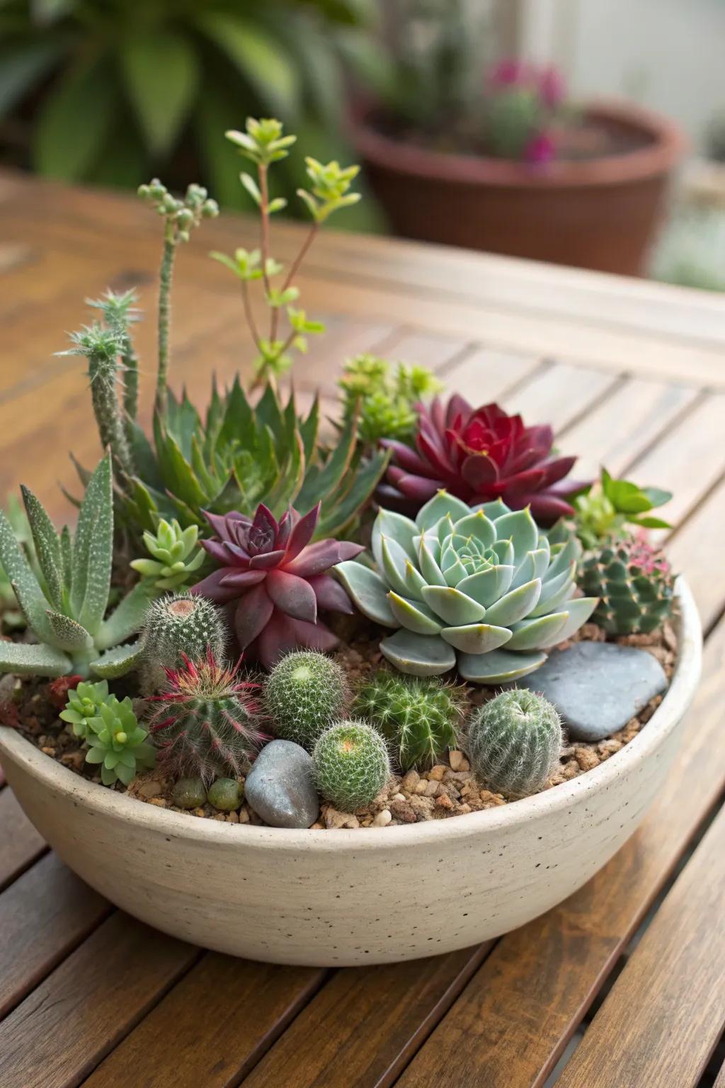 A blend of rosette and cascading succulents paired with small cacti in a shallow garden dish.