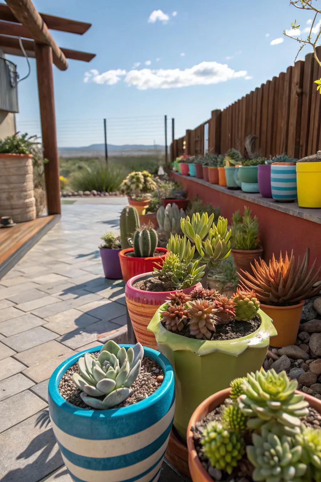 A lively array of succulents presented in an assortment of colorful containers on a deck.