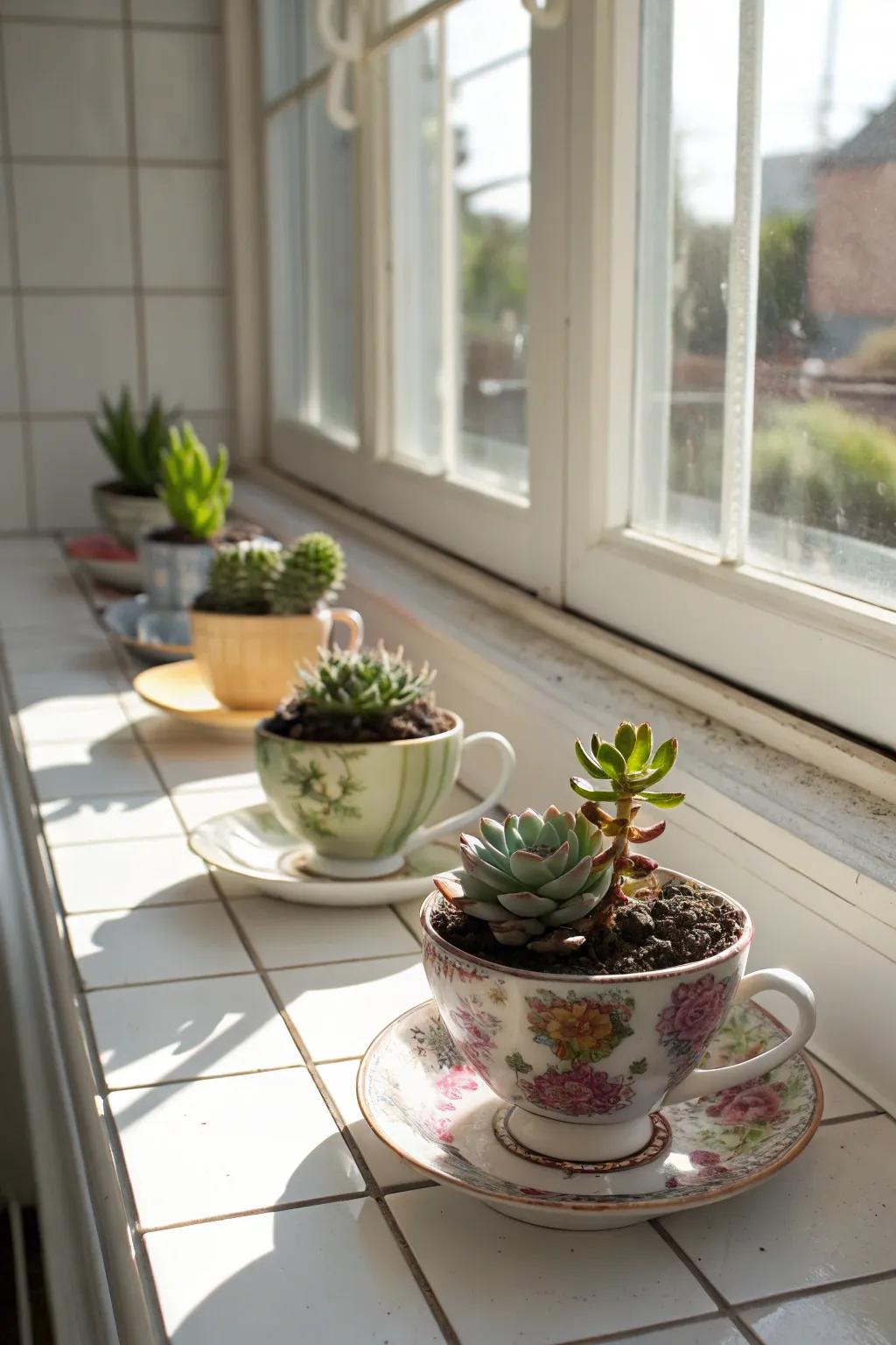 Beautiful vintage teacup planters bring an element of class to any spot.