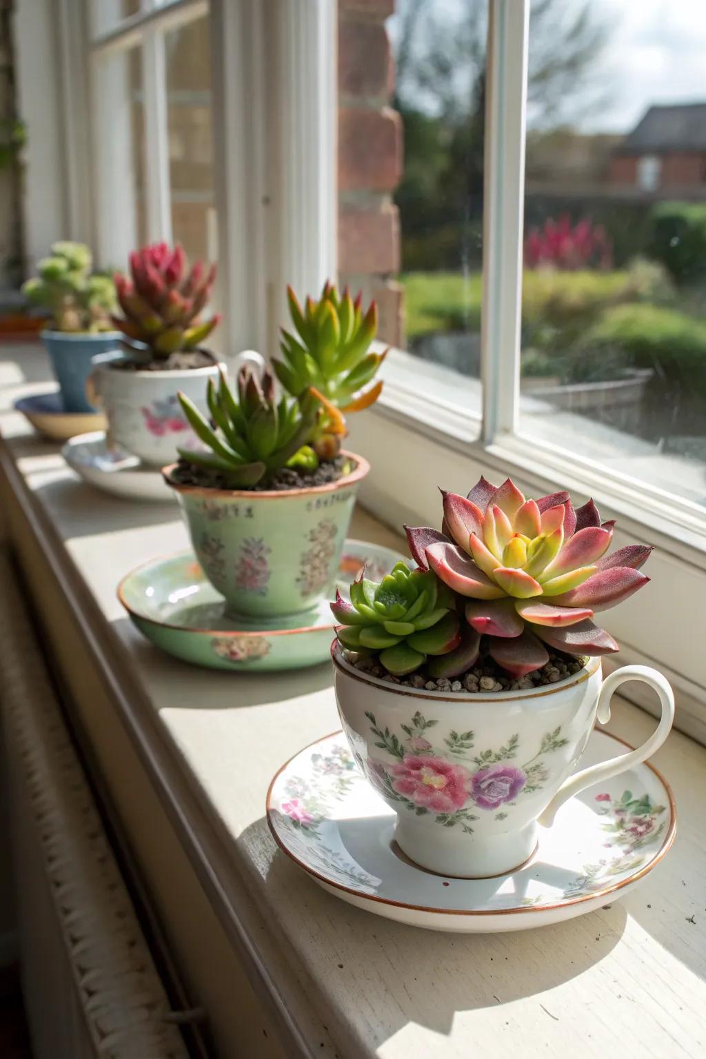 Attractive succulents in vintage teacups brighten up the windowsill.