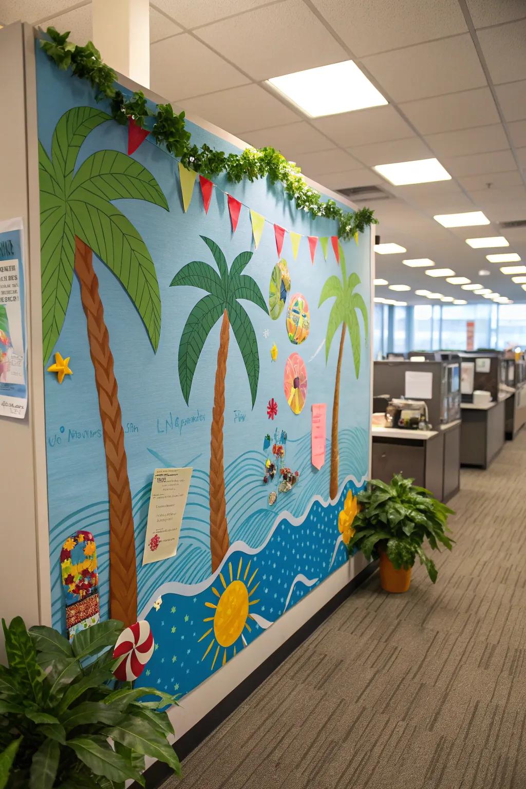 Design a tropical escape featuring palm trees and ocean scenes.