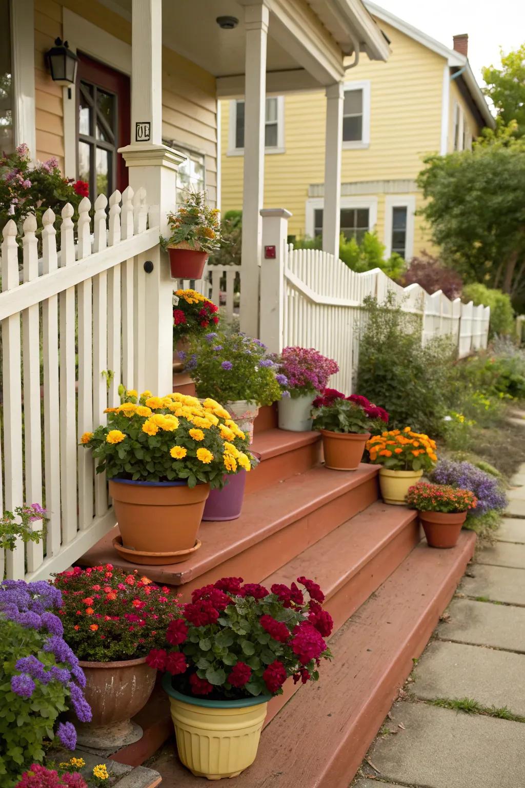 A colorful display of flora vessels introduces a burst of vibrancy to any porch.
