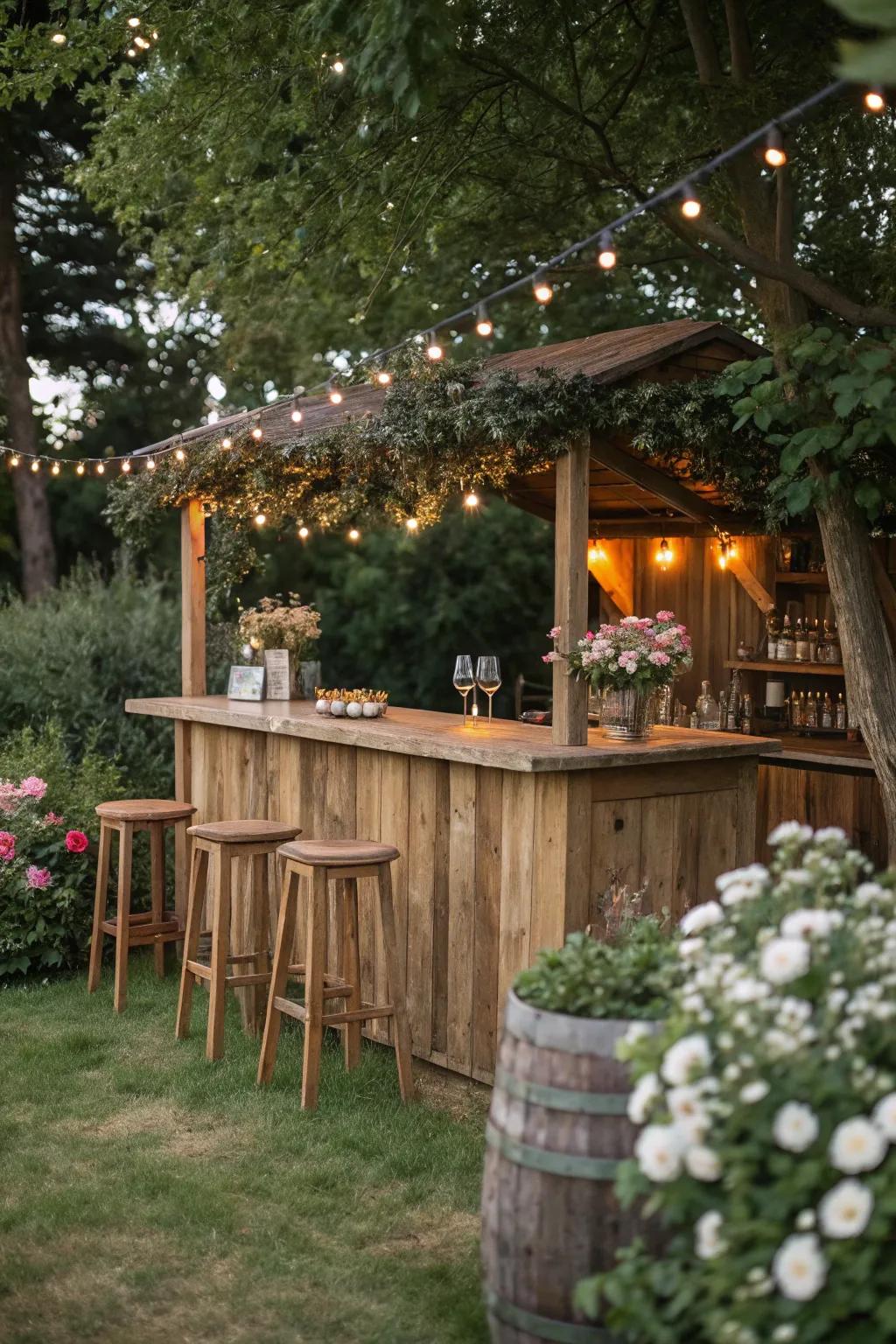 A country-style wooden bar enhanced with twinkle lights creates an inviting and cozy vibe.