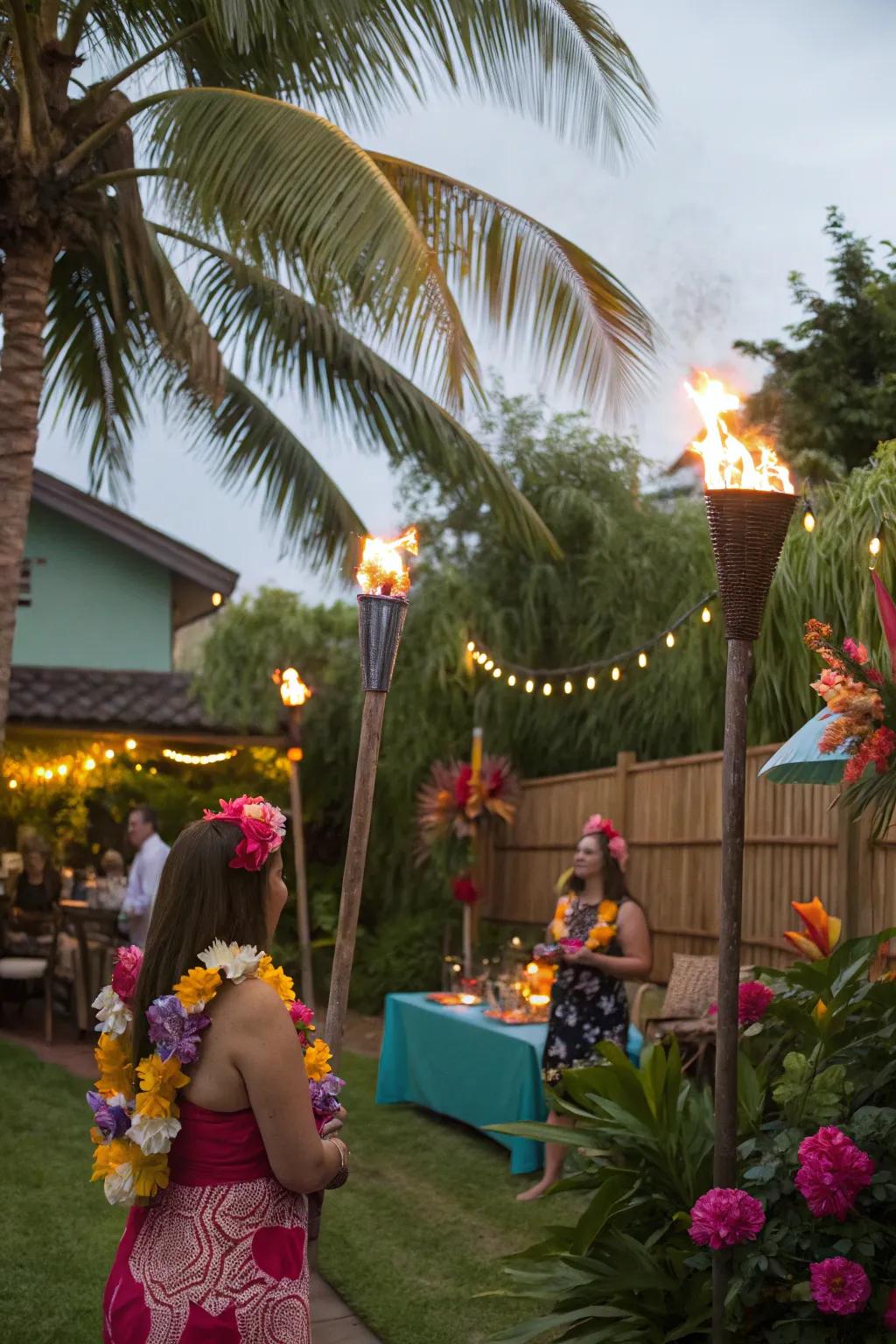 Attendees reveling in an exotic tropical festivity featuring illuminating sticks and floral necklaces.
