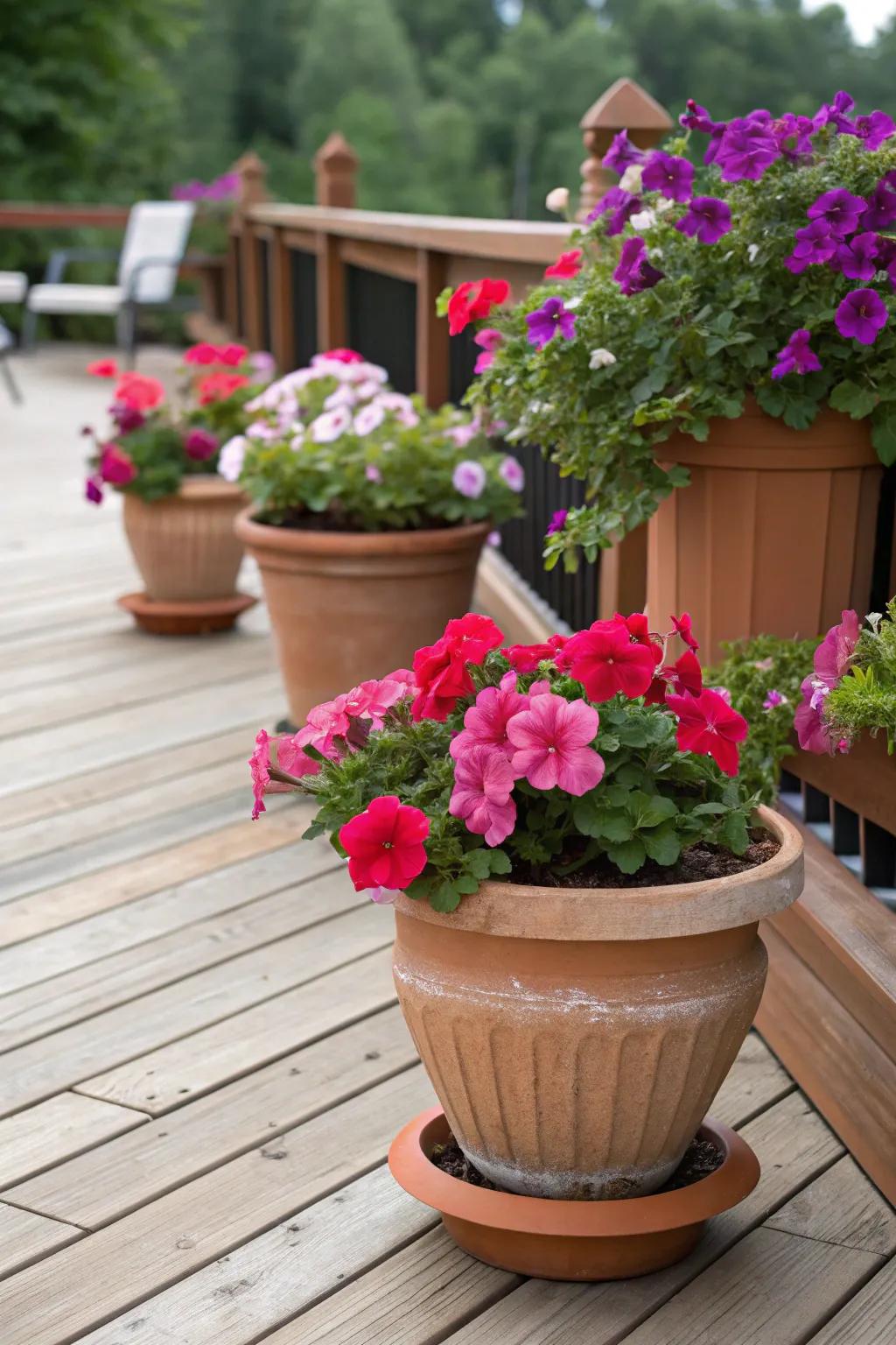 Clay containers showcasing vibrant petunias and geraniums