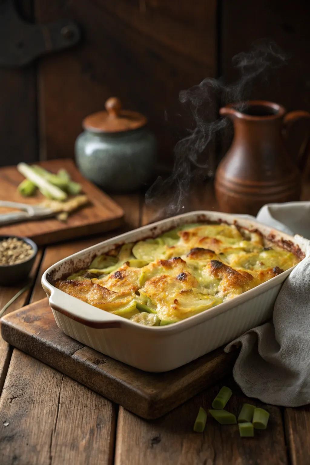 A golden-brown creamy potato and leek bake, ideal for a relaxing Sunday.