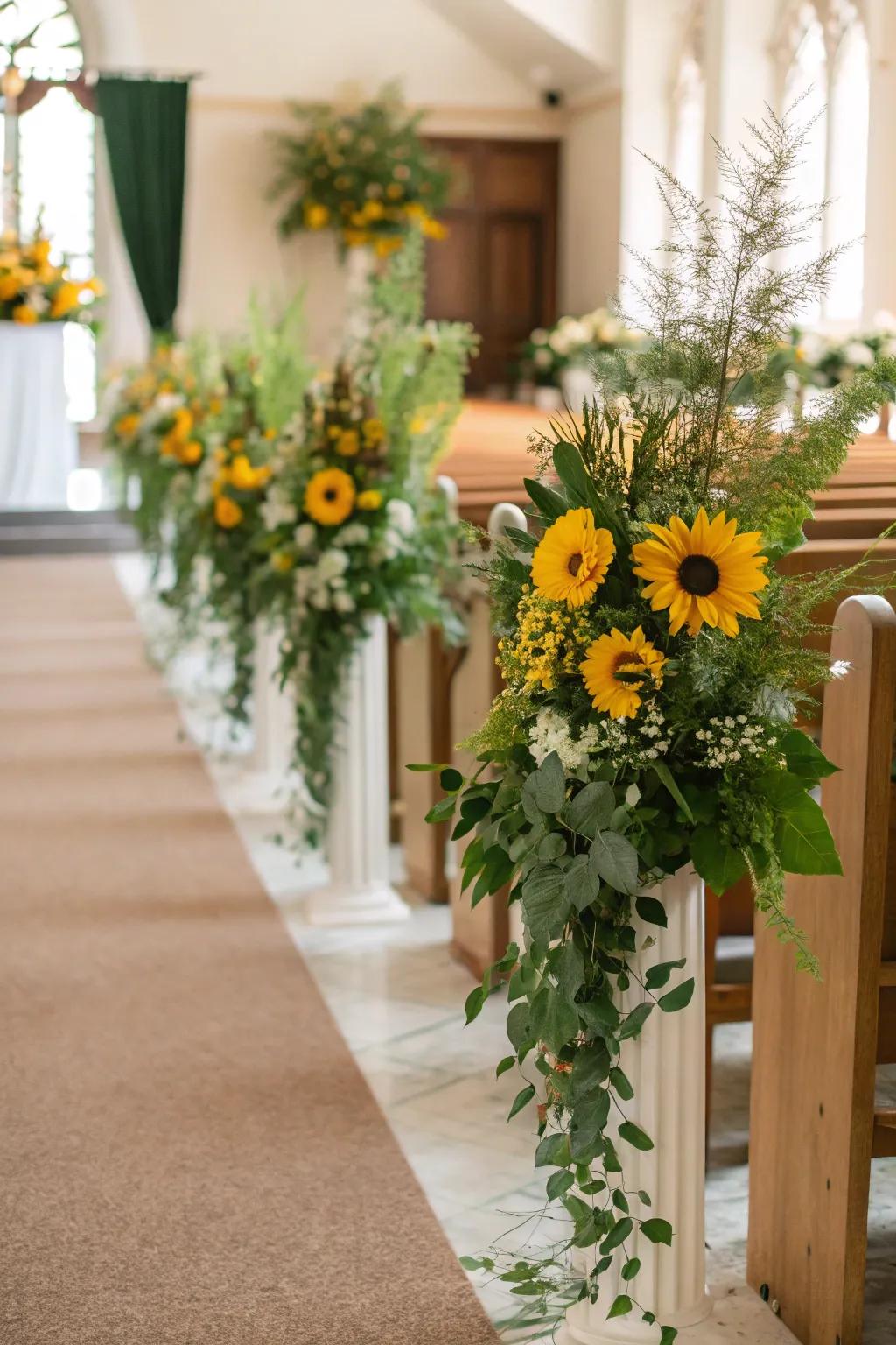 A wedding aisle beautifully decorated with daisies and foliage.