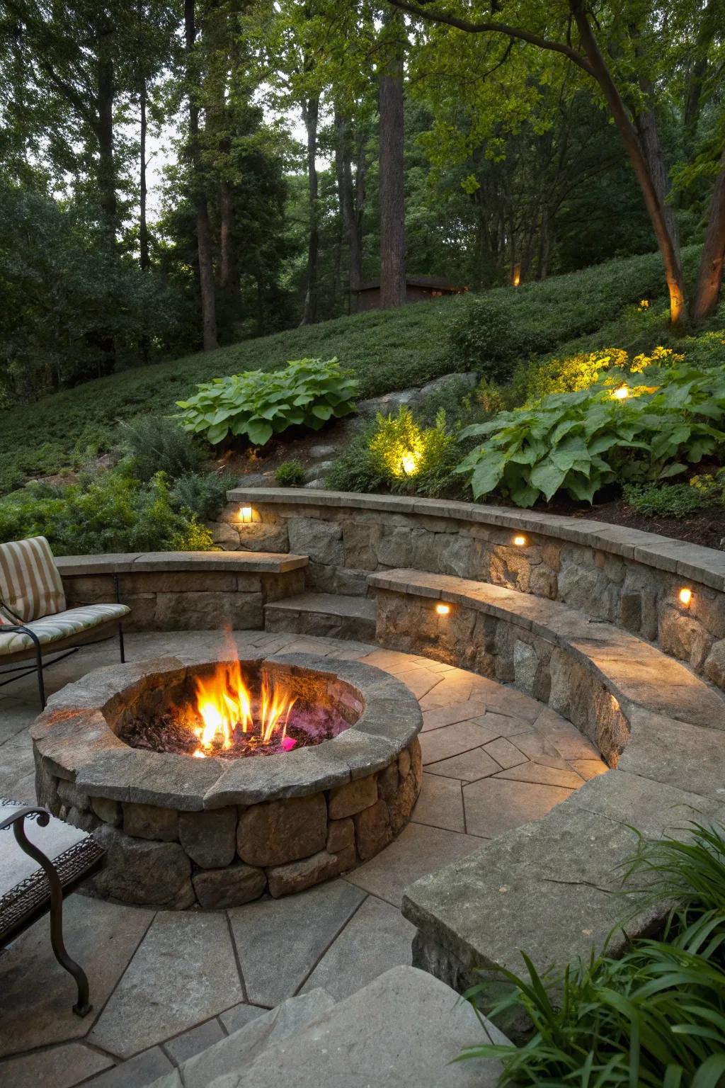 A homespun stone recessed fire pit nestled in nature.