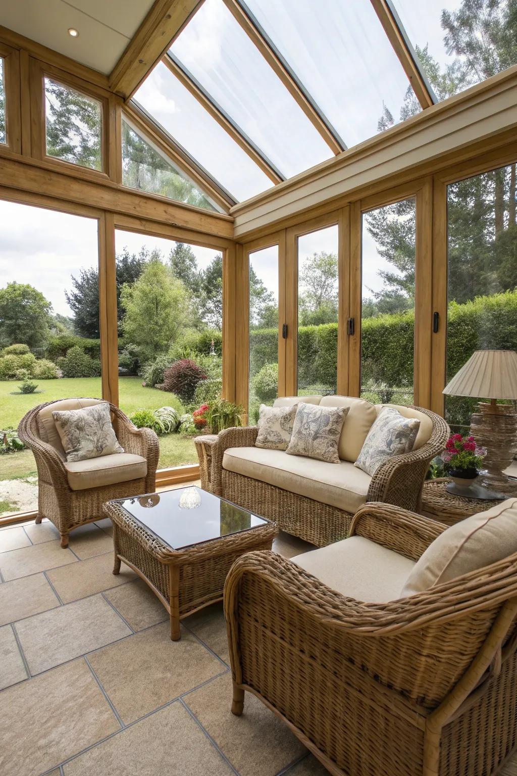 Cane furniture effortlessly harmonizes with the sunroom's breezy environment.