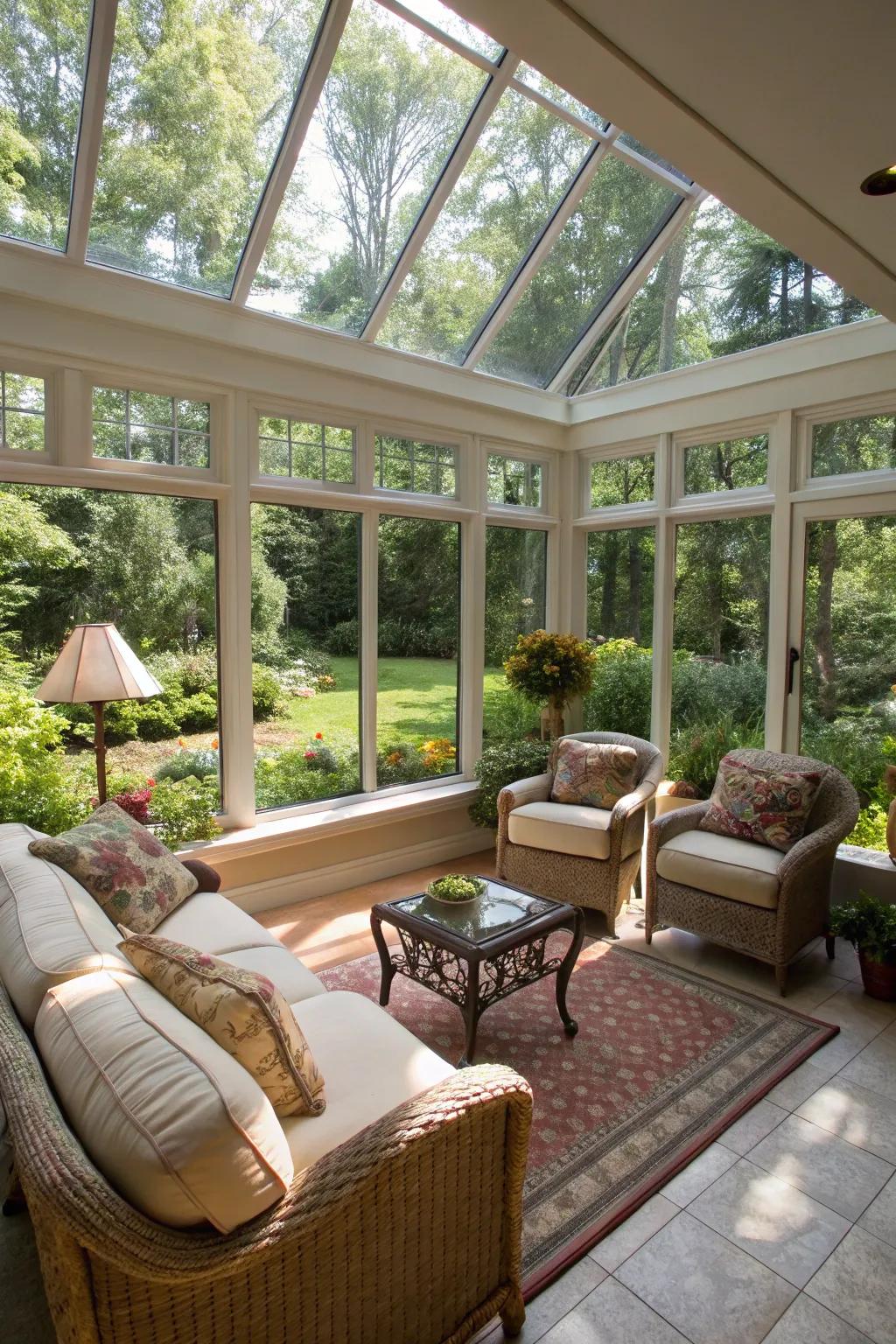 Panoramic windows in a sunroom perfectly merge with the outside garden.