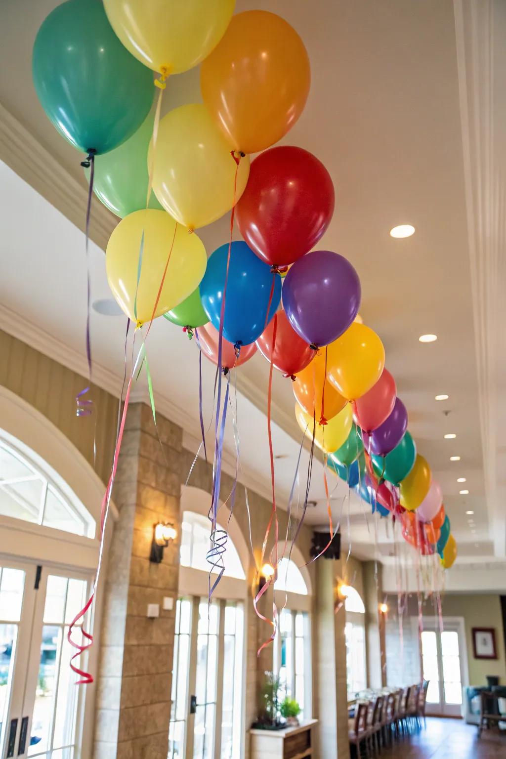A celebratory ceiling adorned with balloons, ideal for a birthday surprise.