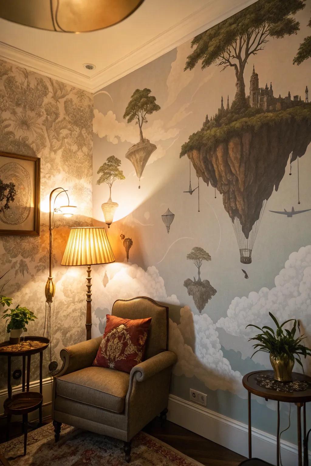 A living room showcasing a surreal wallpaper featuring floating islands.