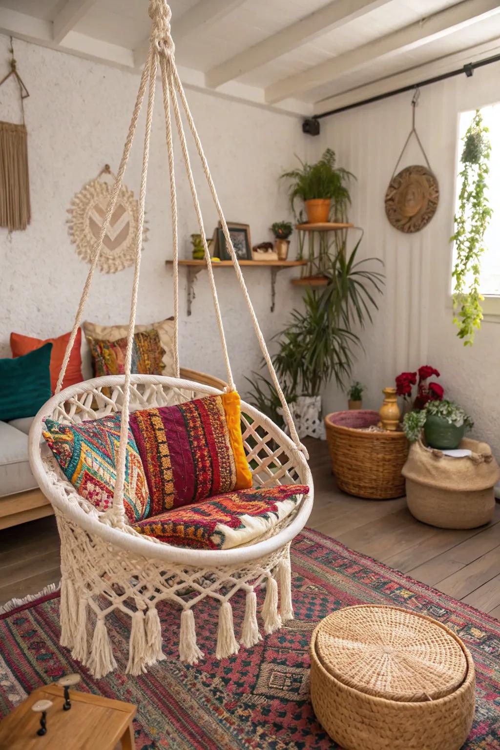 A bohemian macrame swing contributes a sense of whimsy and coziness to any space.