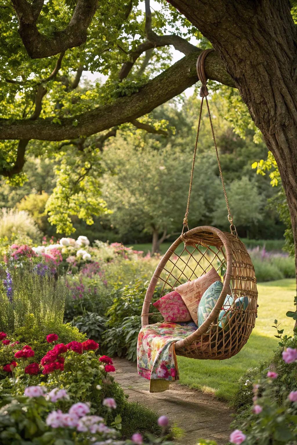 A bohemian rattan hanging chair enhances the allure of this garden sanctuary.