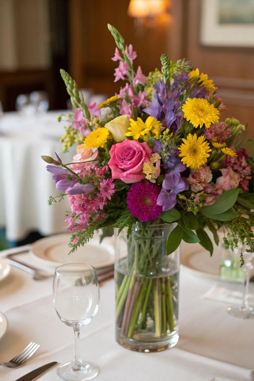 A lively array of flowers brightening up the dining table.