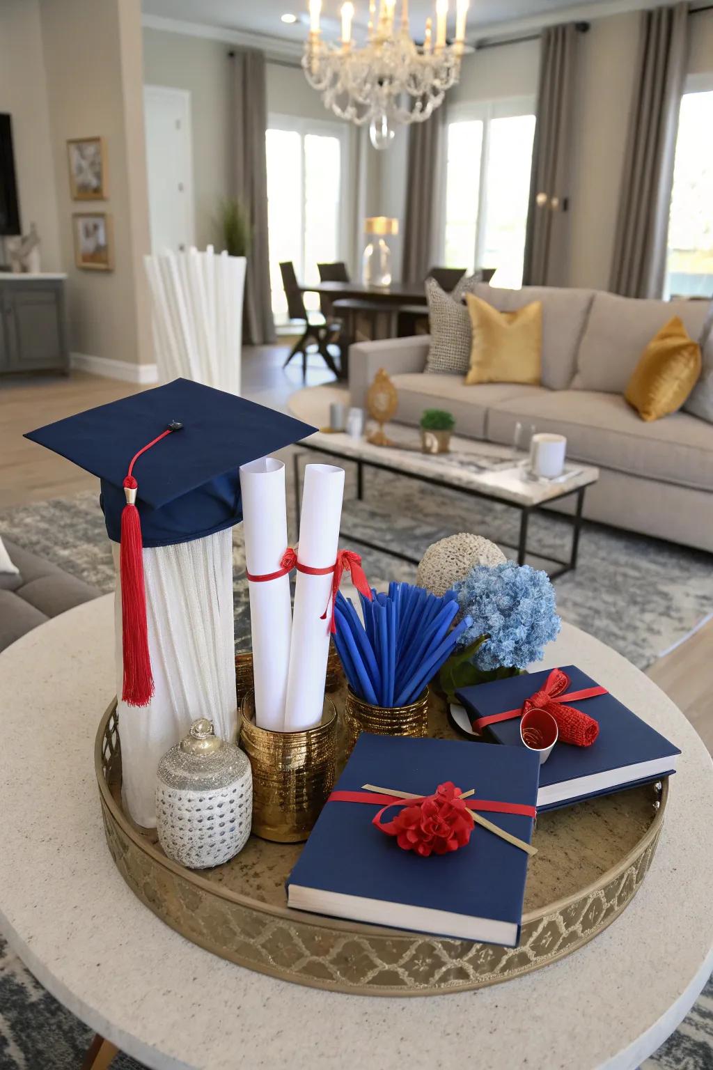 Elegant focal points centered around school colors and mini diplomas introduce a celebratory mood.