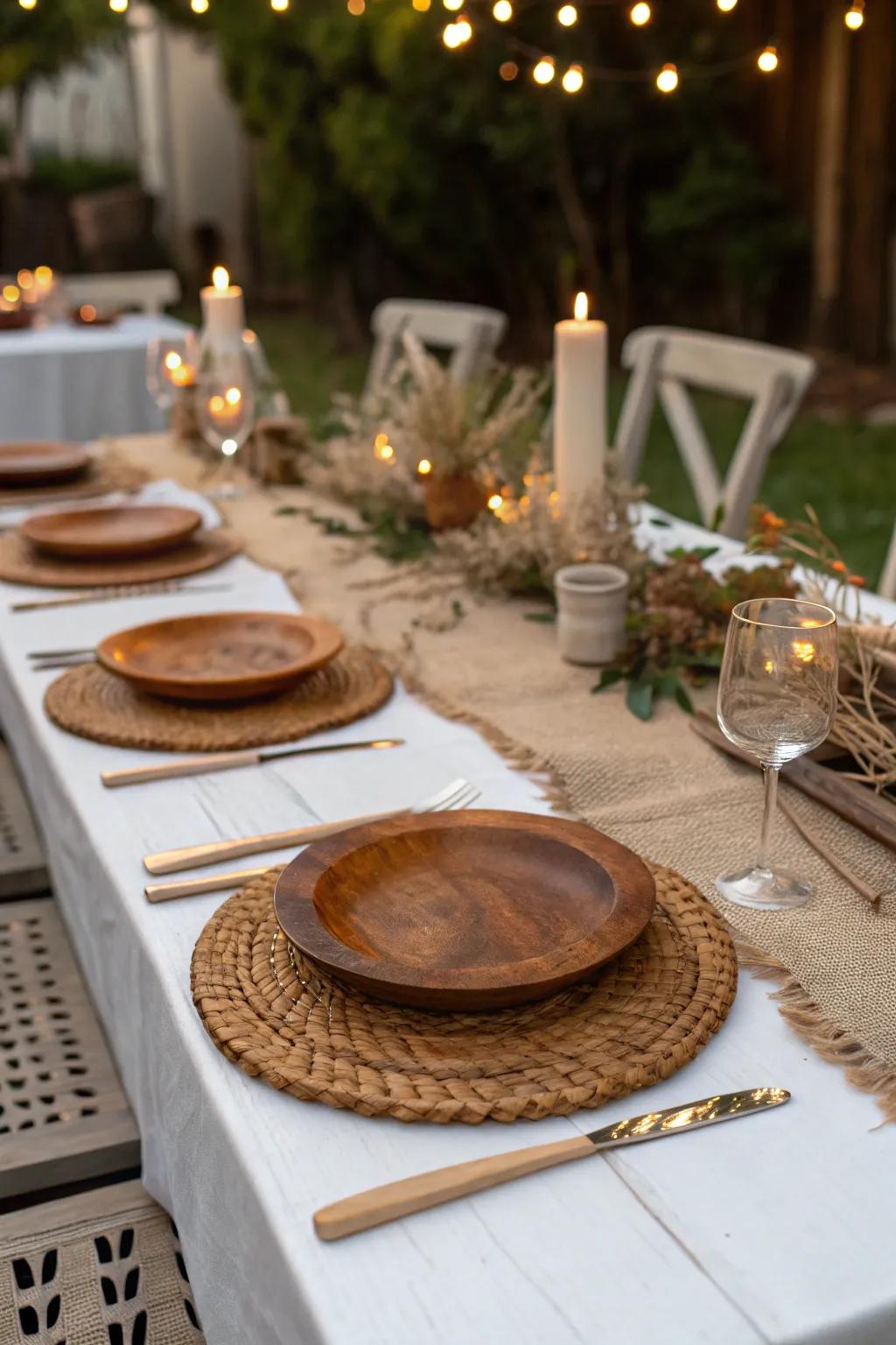 A country-inspired dining table setup showcasing organic wood features and burlap.