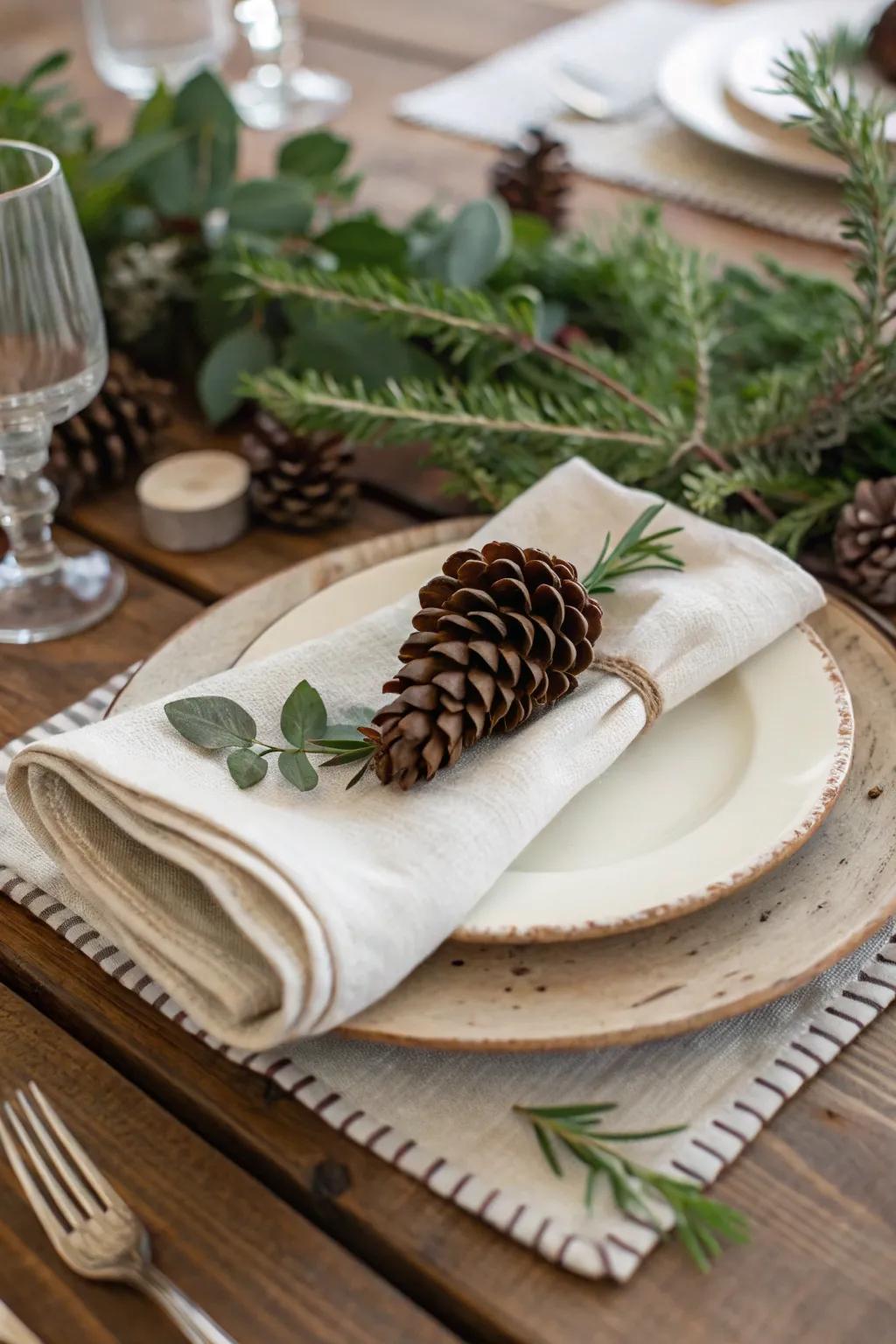 A rustic tablescape highlighted by a pinecone and greenery.
