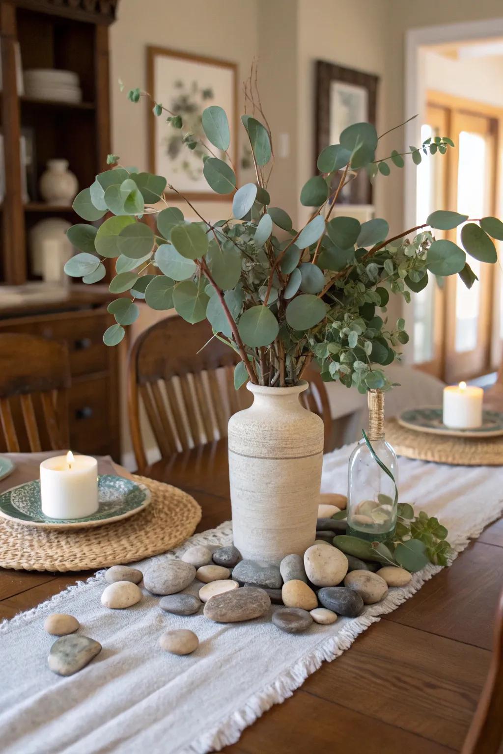 Table arrangement inspired by nature showcasing eucalyptus accompanied by rustic details.