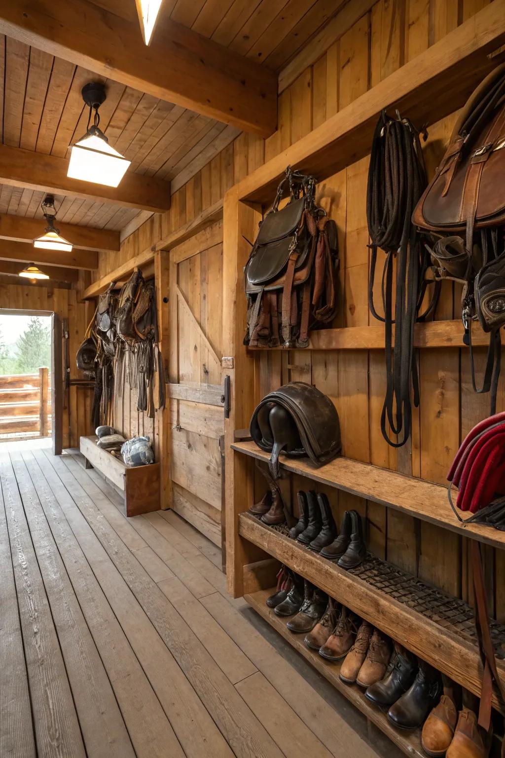A rural tack room showcasing reclaimed wooden features.
