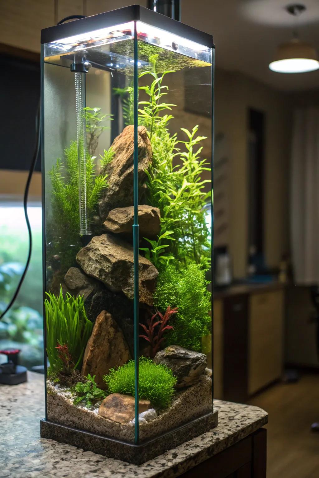 An upright aquarium reimagined as a lush, verdant paradise.
