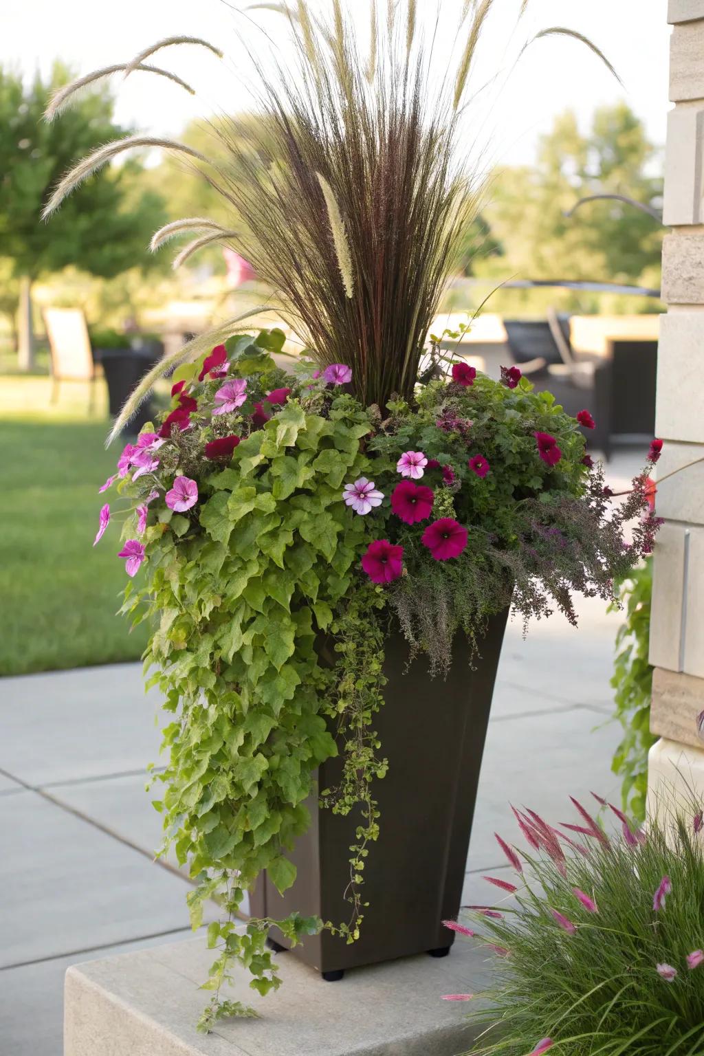 The 'Main Attraction, Enhancer, Overflow' technique converts any planter into something memorable.