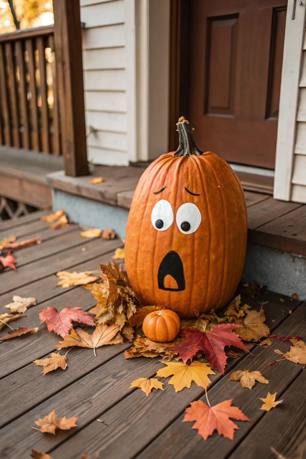 A tall pumpkin with a startled expression offers a touch of whimsy to any display.