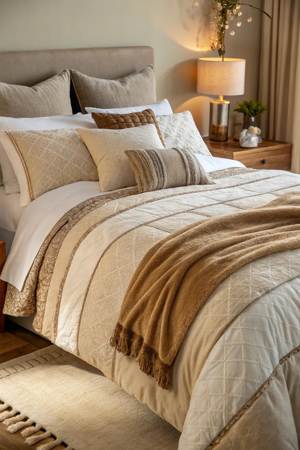 Layers of tan and beige bedding deliver a cozy and inviting base.