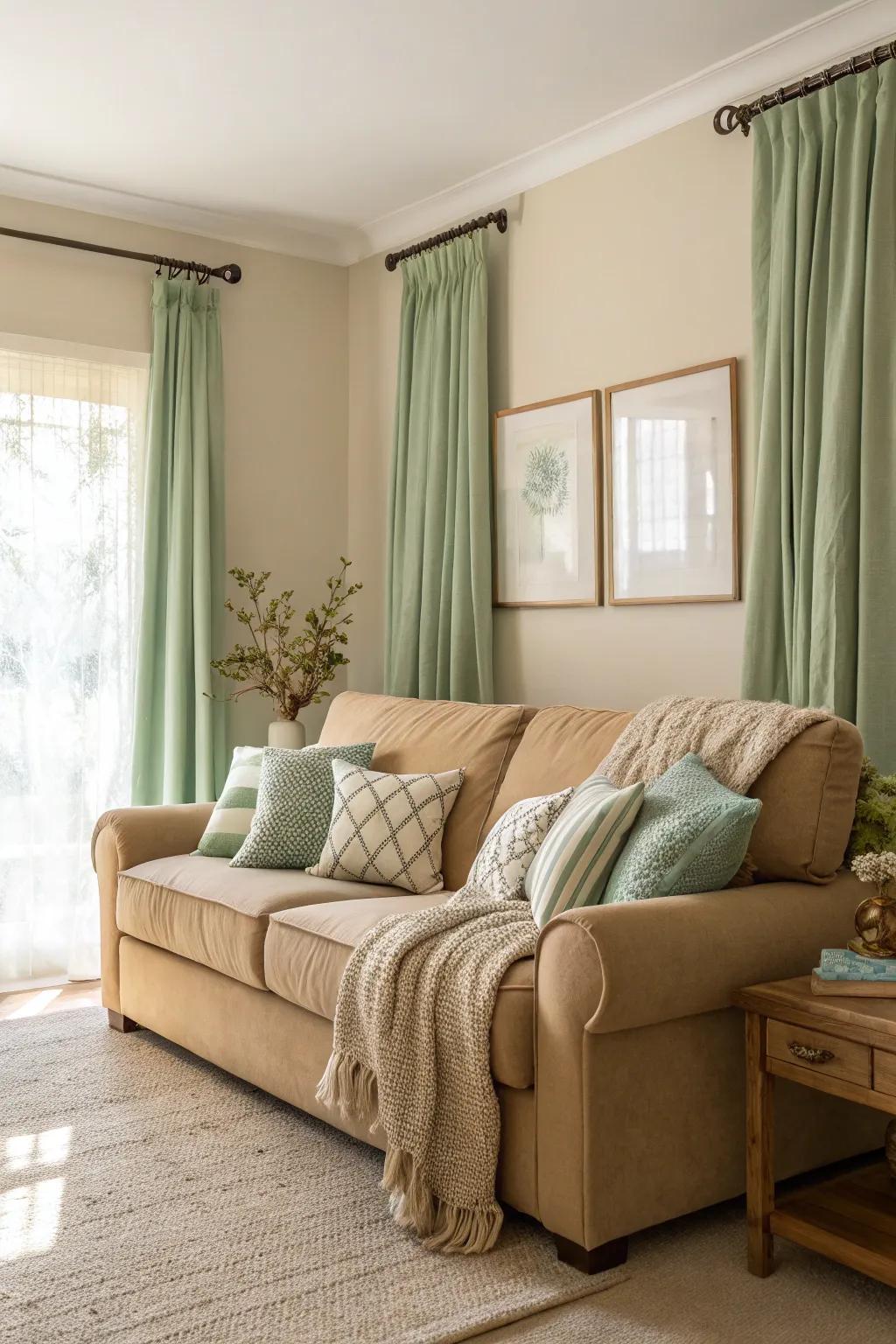 Organic tones harmonize with a sand-toned sofa, fostering a tranquil and serene setting.