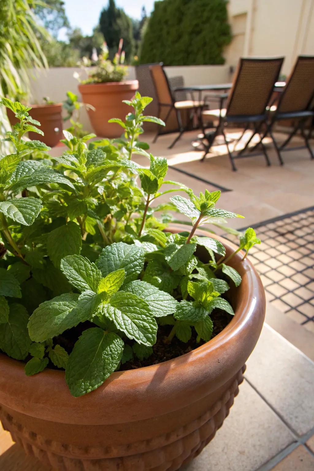 Lush mint leaves displayed in a terracotta container, all set for creating an energizing cup of tea.