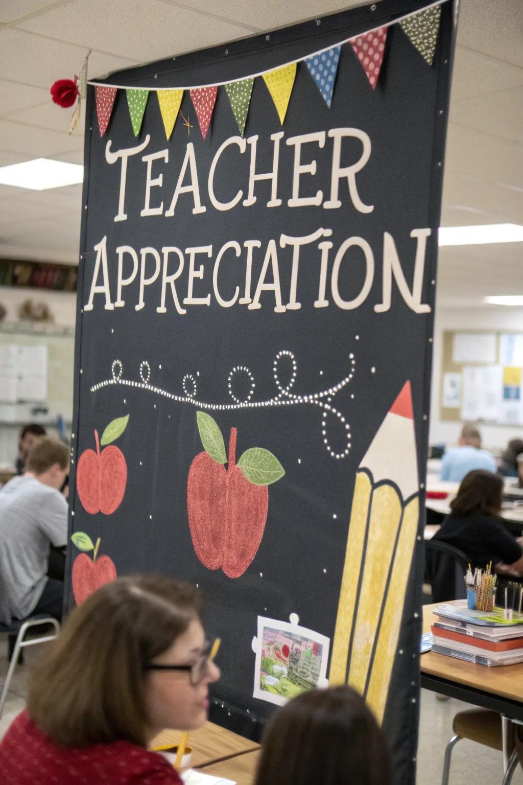 A classic chalkboard-style banner with apple and pencil decorations in a classroom.